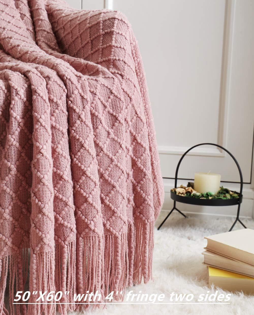 Light Blush Pink Knit Throw Blanket for Couch Sofa Chair - Soft and Decorative for Spring Summer (50''X60'' Dusty Pink/Pale Pink)