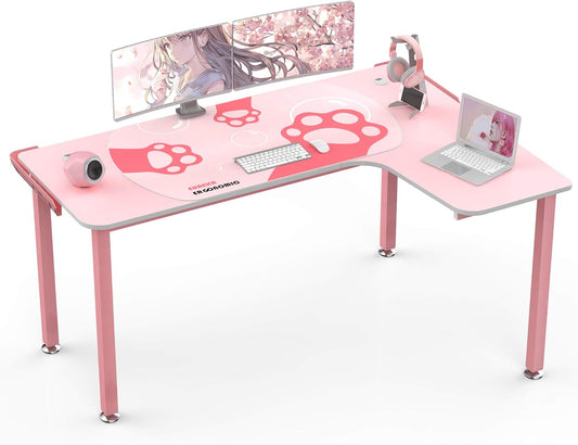 Gaming Desk Pink,60 Inch Pink L Shaped Gaming Desk, Gaming Table Pink with Free Mouse Pad for Girls Home Office Wood & Metal Space-Saving,Easy to Assemble,Computer Desk Pink