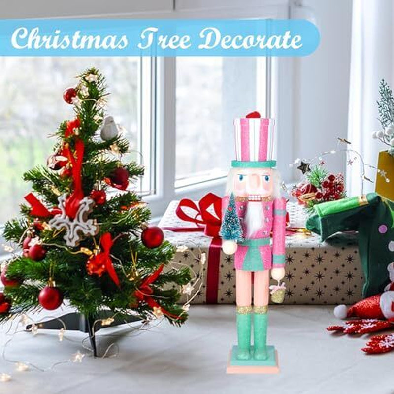 Christmas Nutcracker Decor,15" Wooden Nutcracker Pink Christmas Tree