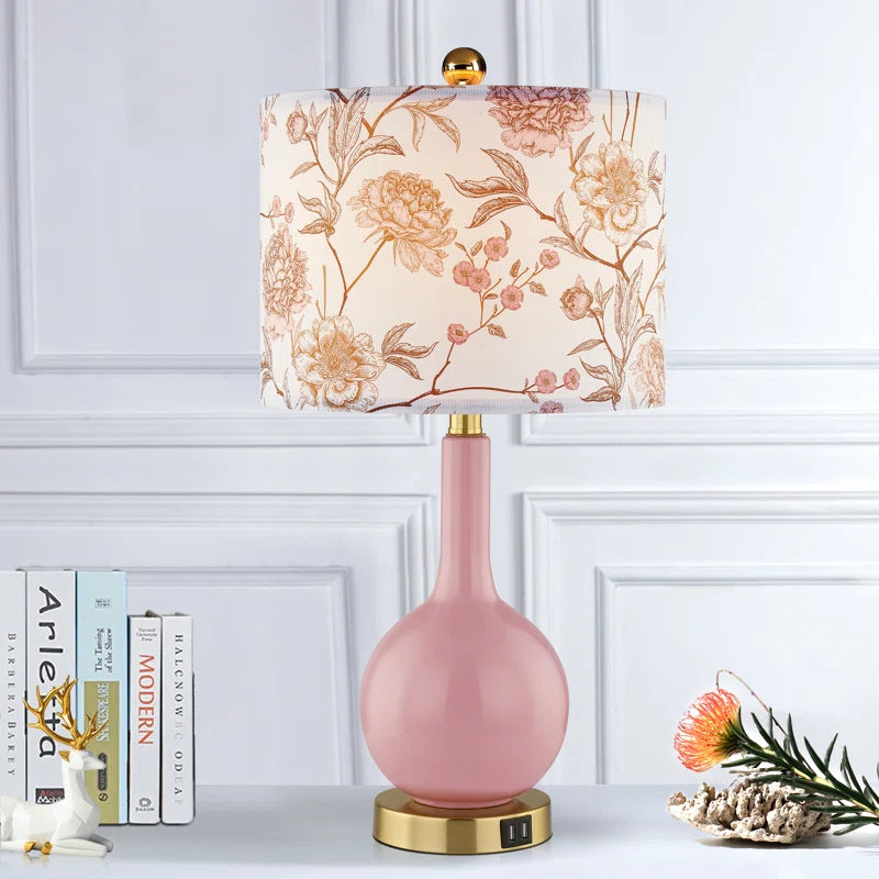 Gawronski 24 In. Pink Ceramic USB Table Lamp with Floral Lampshape and Free LED Bulb