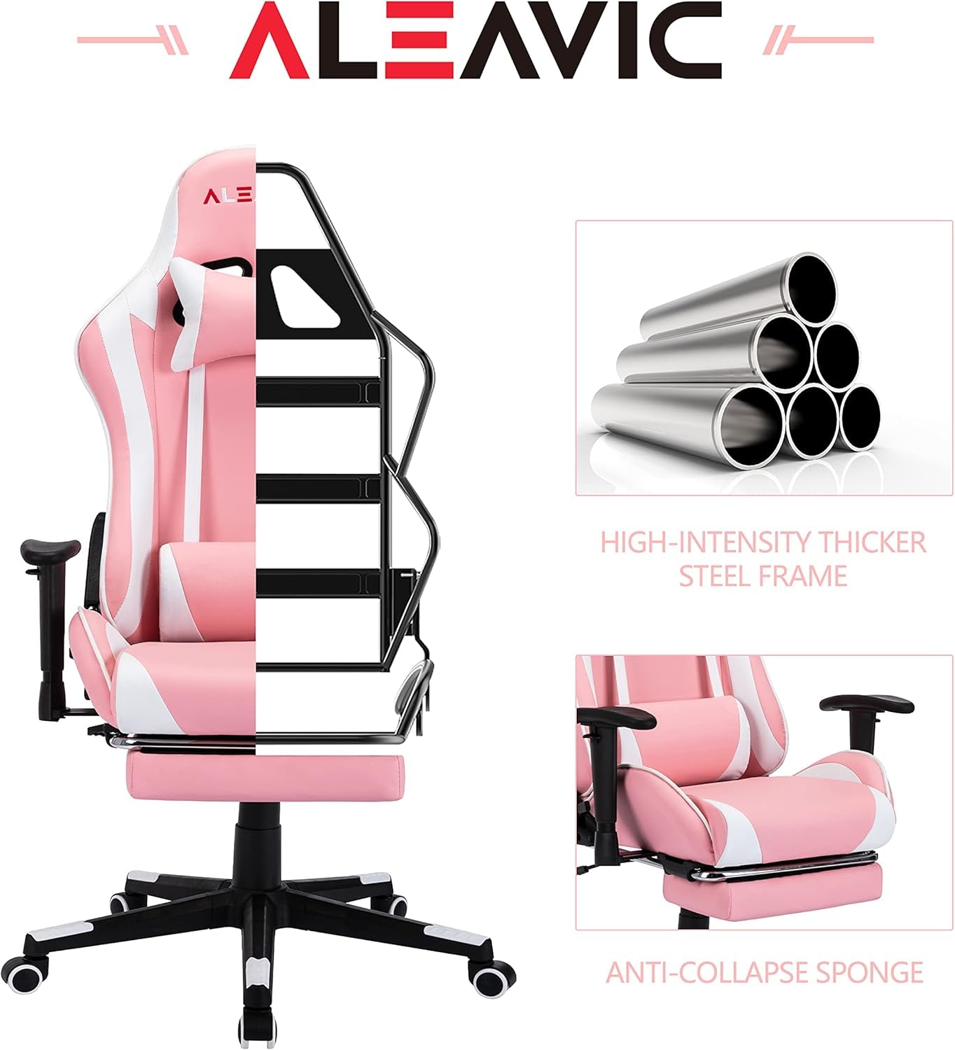 Pink Gaming Chair，Gaming Chair with Footrest，High Back Ergonomic Gaming Chair Adjustable，Racing Style PU Leather Gamer Chair，Massage Gaming Chair with Headrest and Lumbar Support