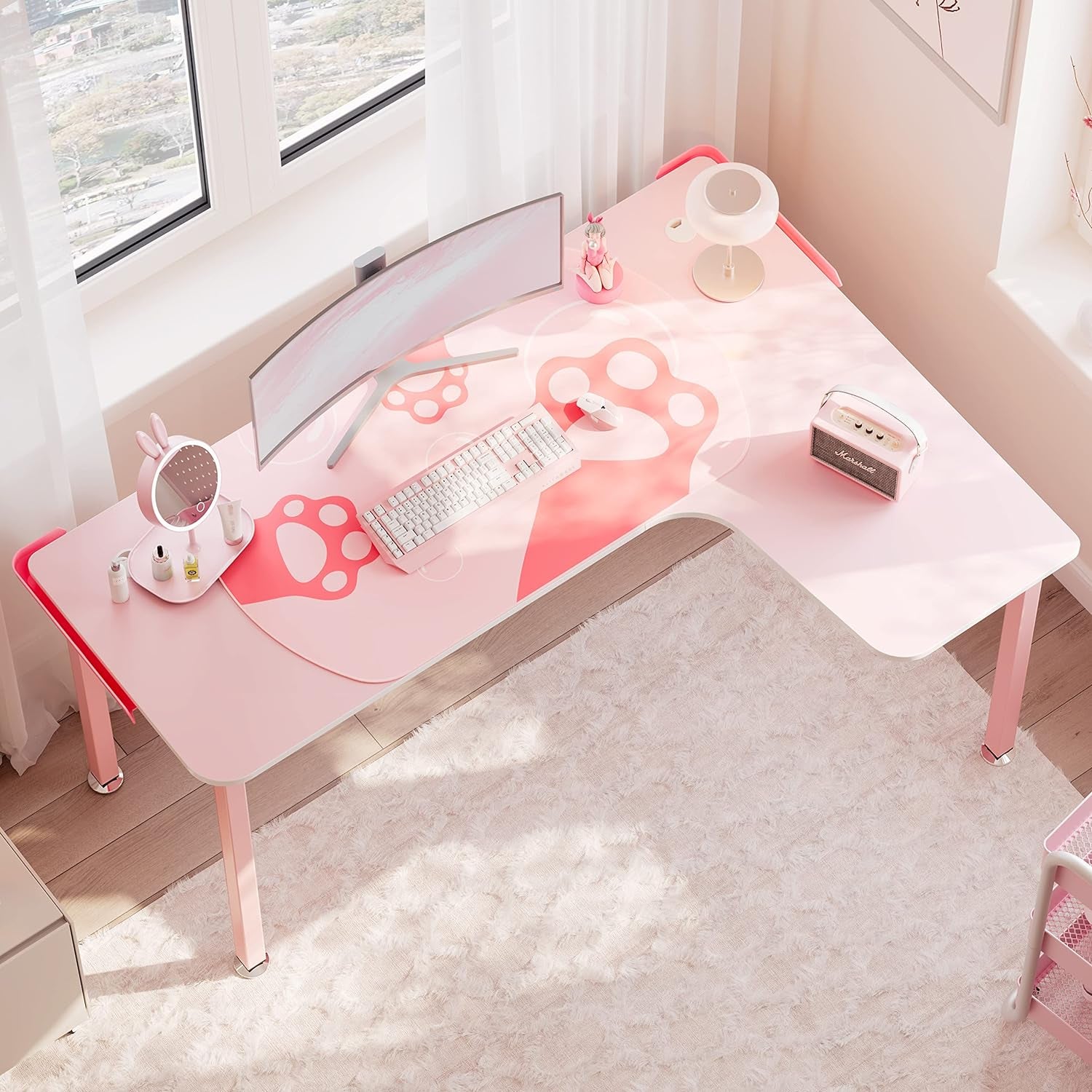 Gaming Desk Pink,60 Inch Pink L Shaped Gaming Desk, Gaming Table Pink with Free Mouse Pad for Girls Home Office Wood & Metal Space-Saving,Easy to Assemble,Computer Desk Pink