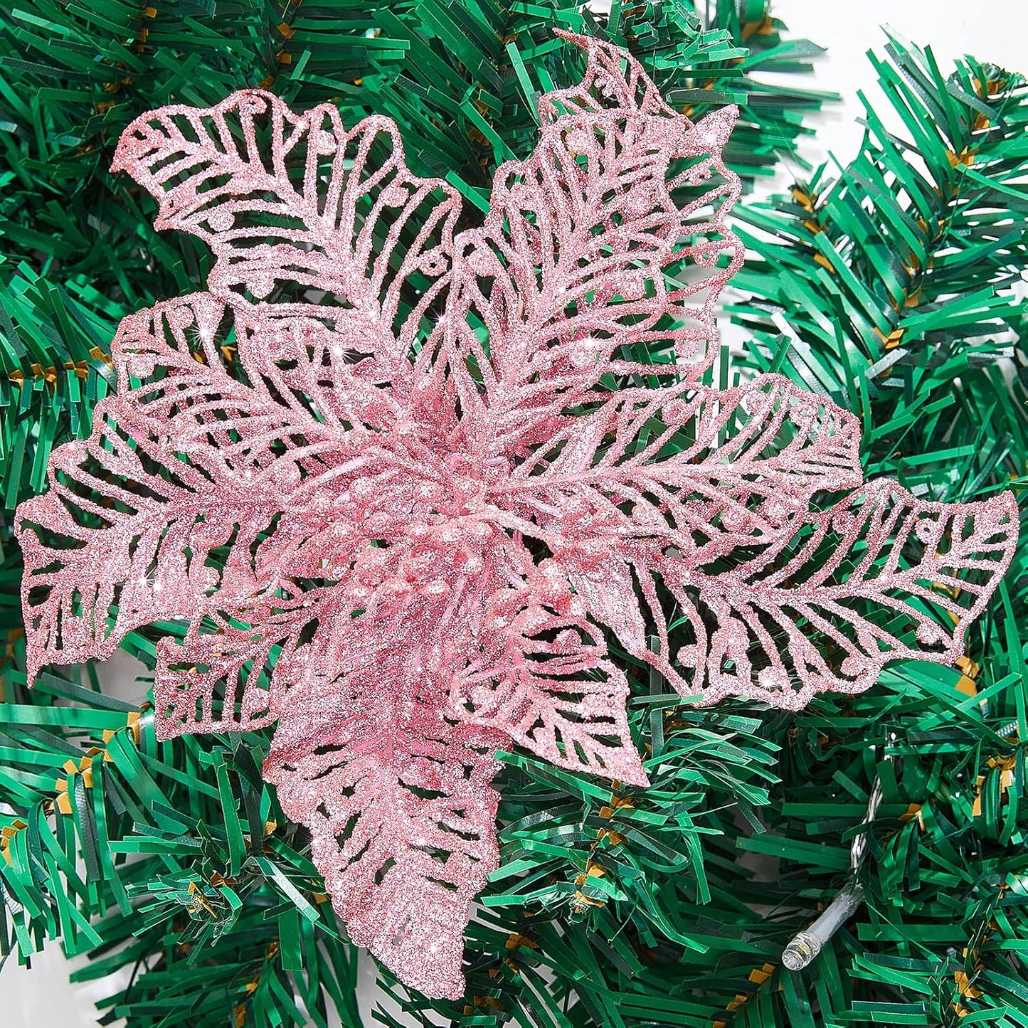 15 Pcs Pink Christmas Poinsettia Flowers, 7" Glitter Artificial Christmas Tree Flowers Ornaments with Clips, Xmas Wreath Garland Poinsettia Decorations for Winter Holiday Party - Pink