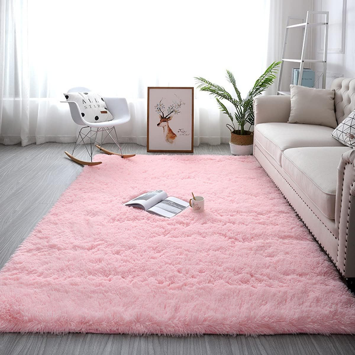 Faux Fur Rectangle Winter Rug Ultra Soft Plush Large Animal Rugs Living Room Pink Rug Office Area Rug for Christmas Deco (Pink,3.3×5.2 Ft)