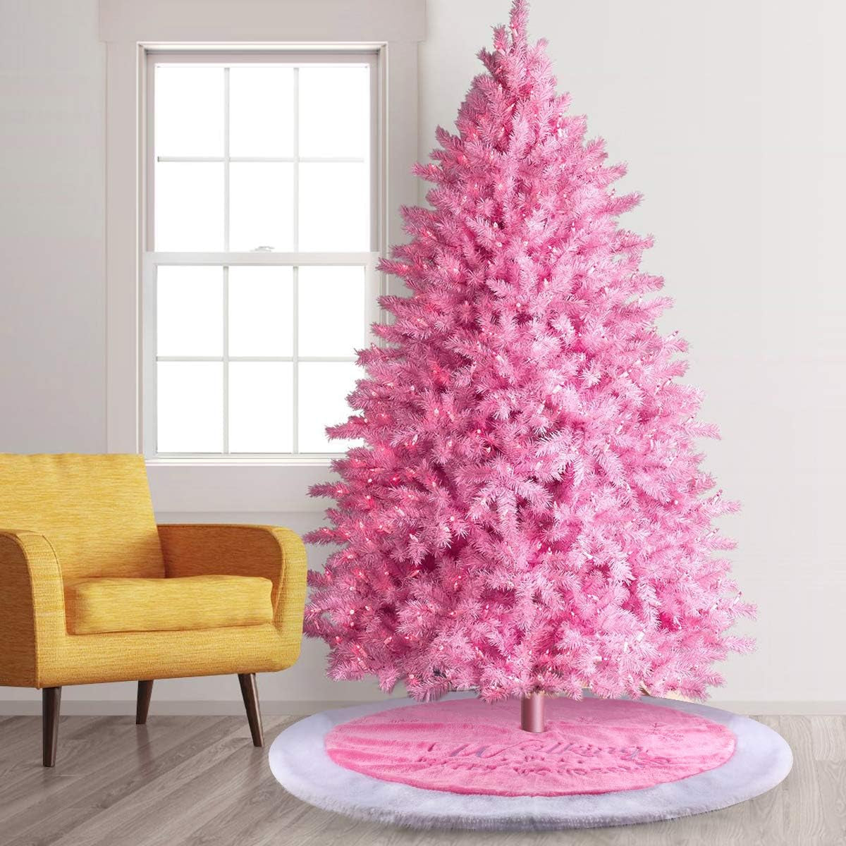 Pink Christmas Tree Skirt, 36" Candy Faux Fur Tree Rug with Embroidered Wonderland Blush Pink Ornaments for Slim Pencil Tree Pink Christmas Decorations