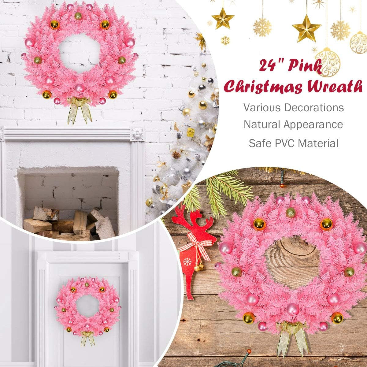 Pink Artificial Christmas Wreath, with Ornament Balls and Golden Bow, Perfect Xmas Decoration for Doorways Windows Walls Fireplaces, 24 Inch