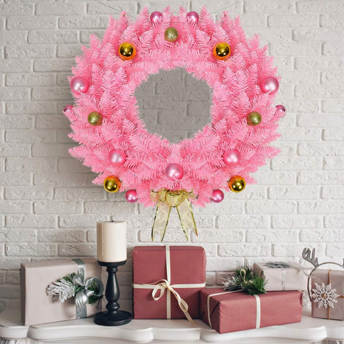 Pink Artificial Christmas Wreath, with Ornament Balls and Golden Bow, Perfect Xmas Decoration for Doorways Windows Walls Fireplaces, 24 Inch