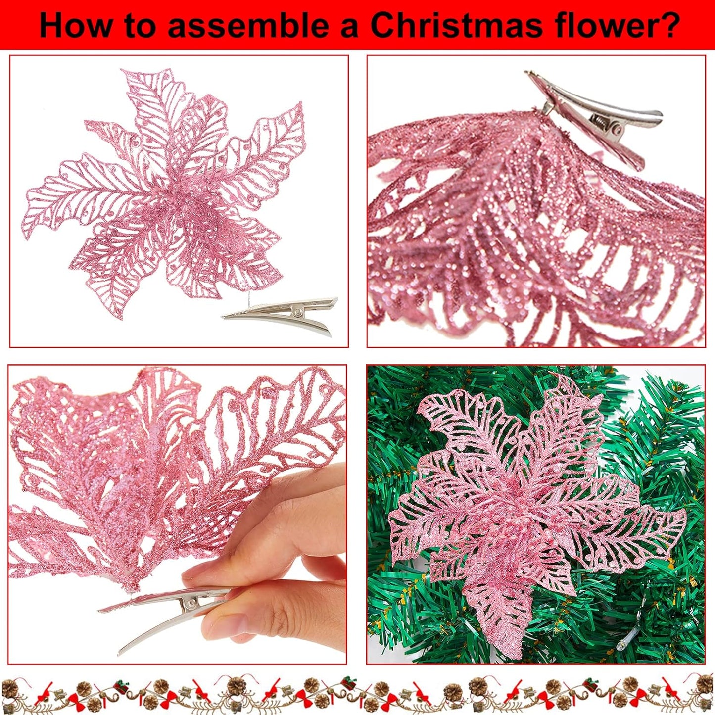 15 Pcs Pink Christmas Poinsettia Flowers, 7" Glitter Artificial Christmas Tree Flowers Ornaments with Clips, Xmas Wreath Garland Poinsettia Decorations for Winter Holiday Party - Pink