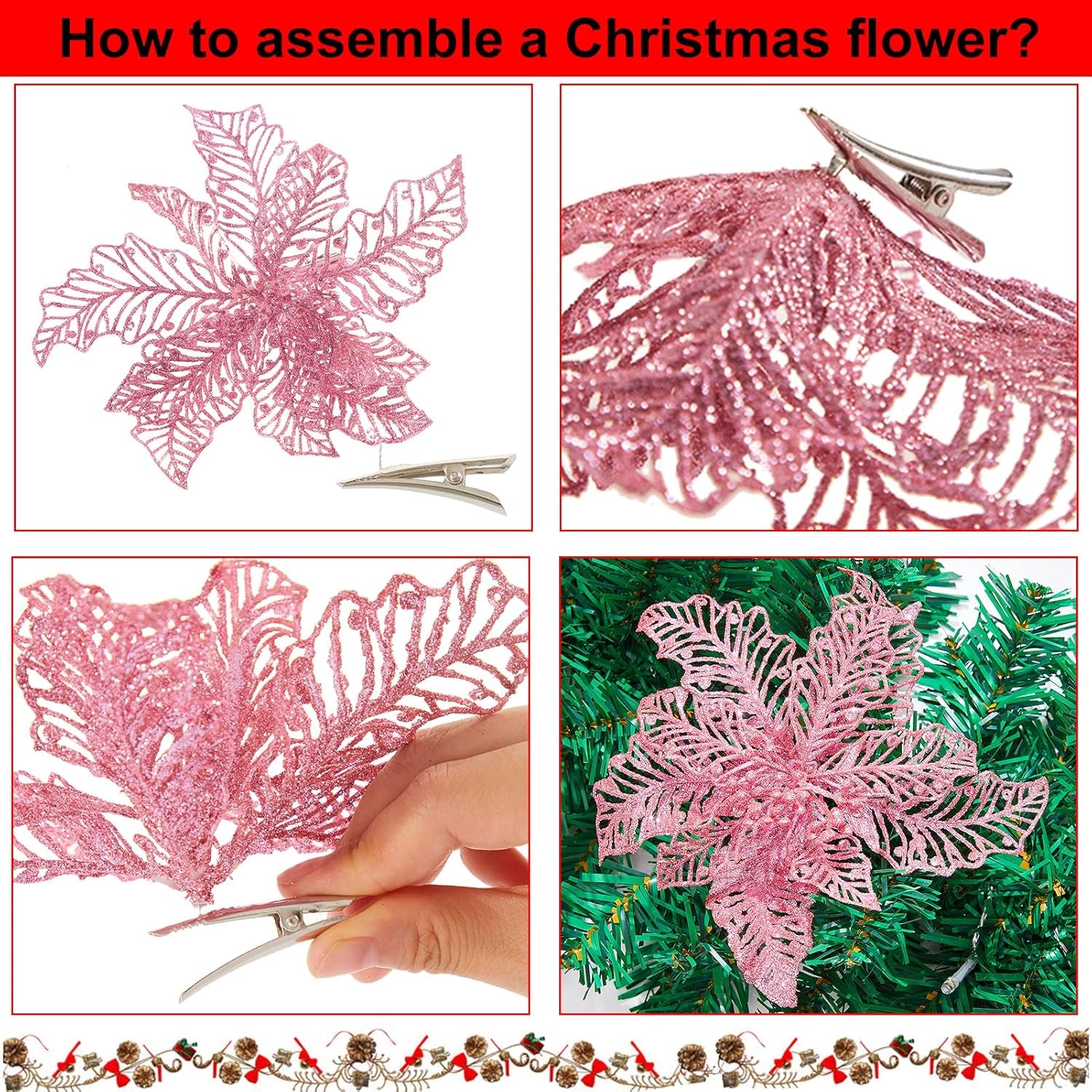 15 Pcs Pink Christmas Poinsettia Flowers, 7" Glitter Artificial Christmas Tree Flowers Ornaments with Clips, Xmas Wreath Garland Poinsettia Decorations for Winter Holiday Party - Pink