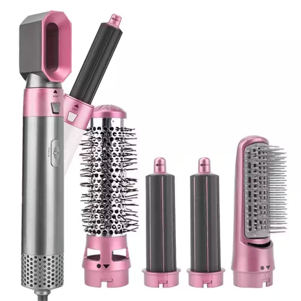 5-In-1 Curling Wand Hair Dryer Set Professional Hair Curling Iron for Multiple Hair Types and Styles, Pink