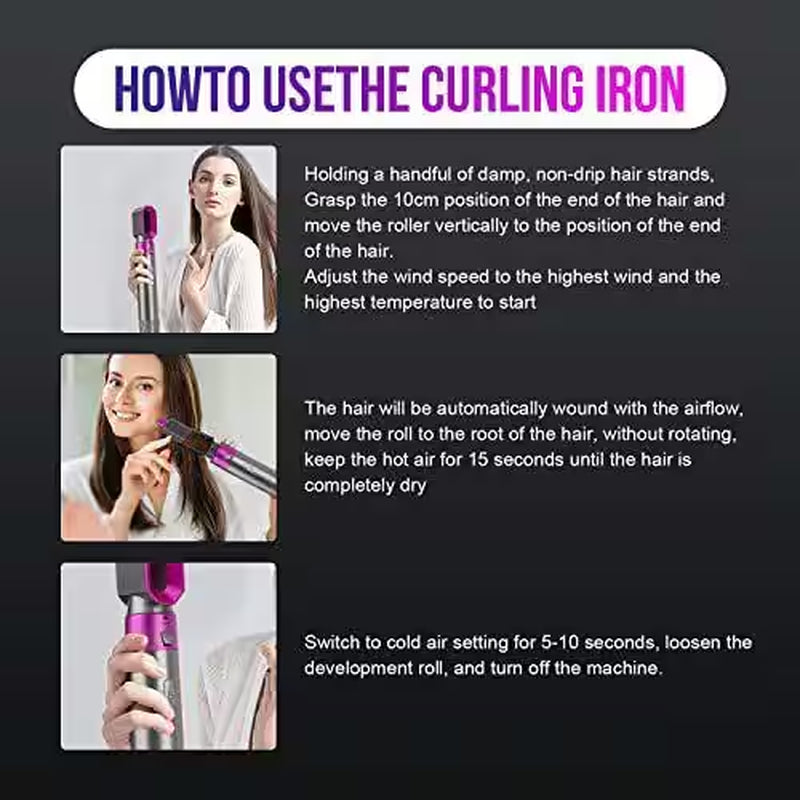 5-In-1 Curling Wand Hair Dryer Set Professional Hair Curling Iron for Multiple Hair Types and Styles, Pink