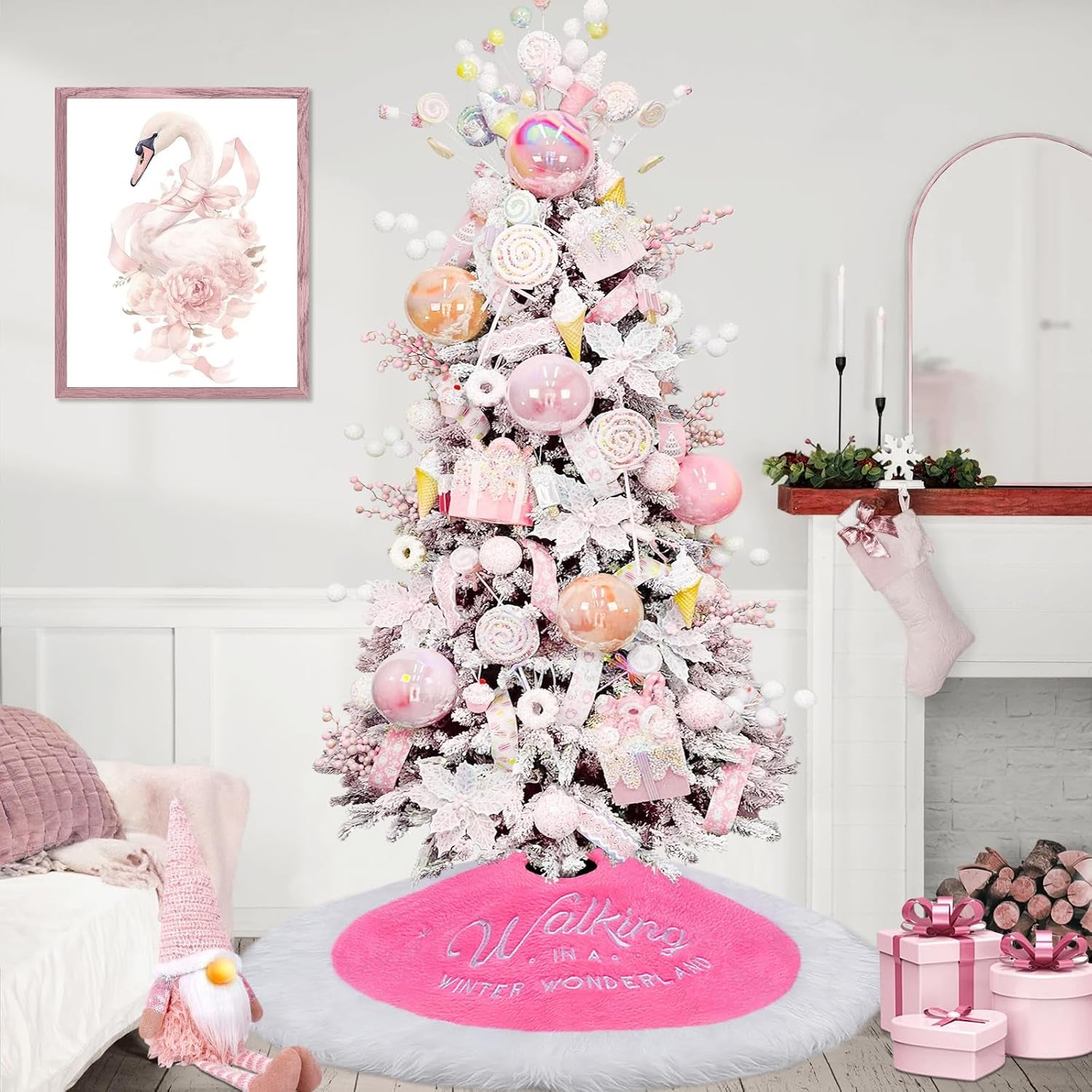 Pink Christmas Tree Skirt, 36" Candy Faux Fur Tree Rug with Embroidered Wonderland Blush Pink Ornaments for Slim Pencil Tree Pink Christmas Decorations