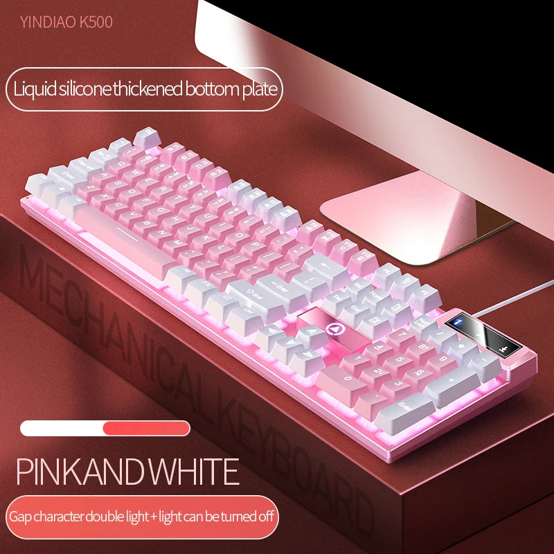 K500 Pink Keyboard Mixed Color White Pink Keycaps 104 Keys Wired Gaming Keyboard for Laptop PC