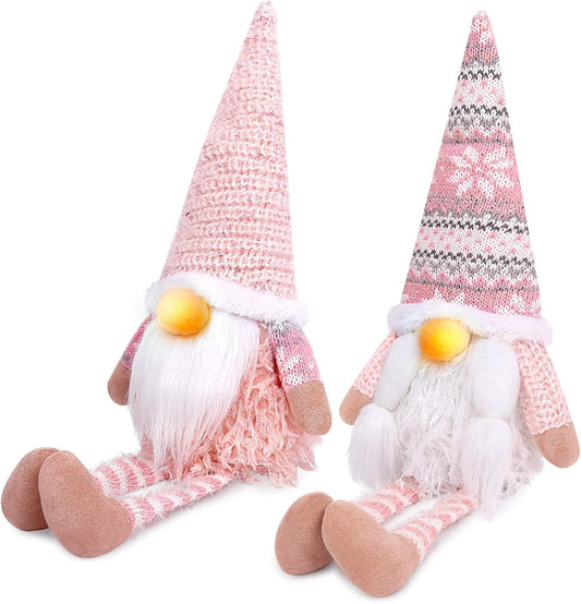 Pink Christmas Valentine Gnomes Decorations, 2Pack Handmade Swedish Tomte Gnome with LED Lighting Nose Scandinavian Figurine Pink Gnomes Plush Elf Valentines Day Decor Long Leg