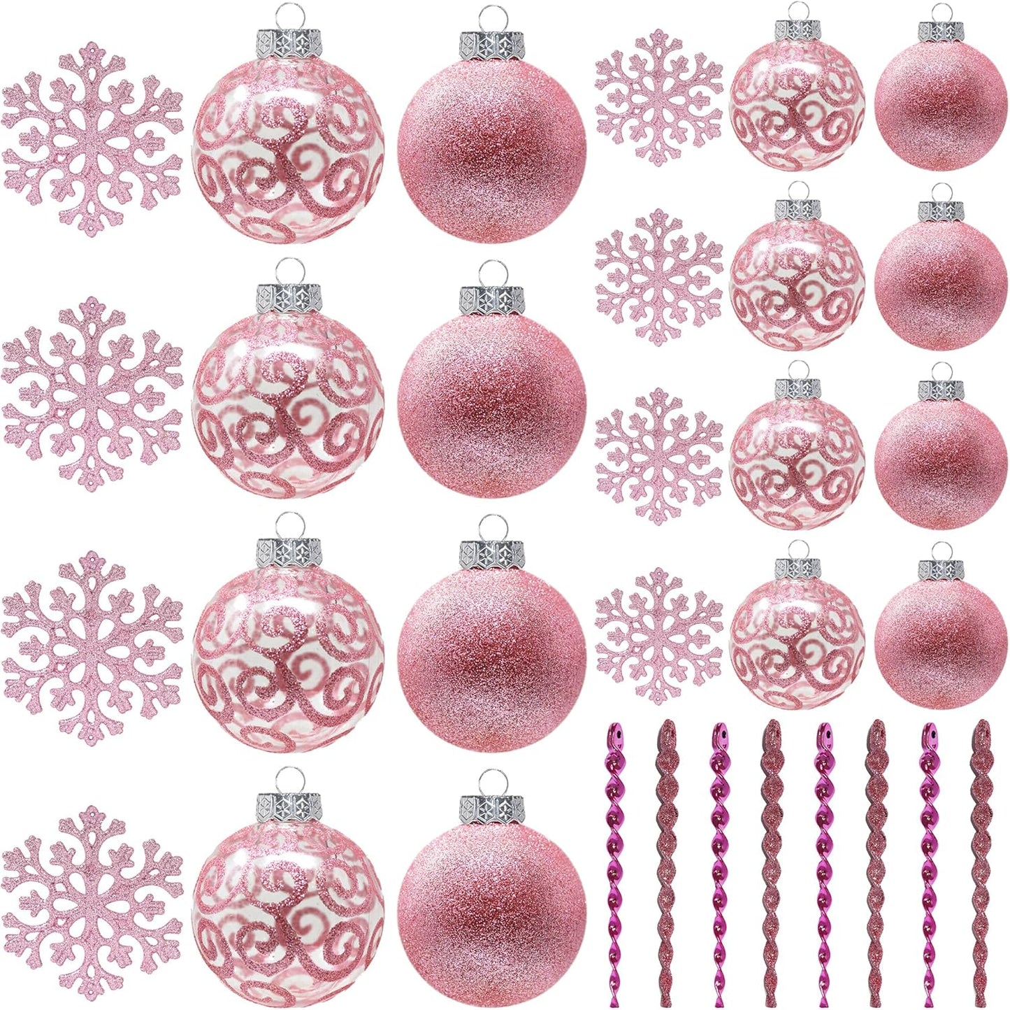 32Pk Christmas Ornaments for Tree Holiday Xmas Decorations, Shatterproof Plastic 3.15/2.36 Inch Glitter Balls, Icicles and Snowflakes Set, Pink (DEFECTIVE Units)