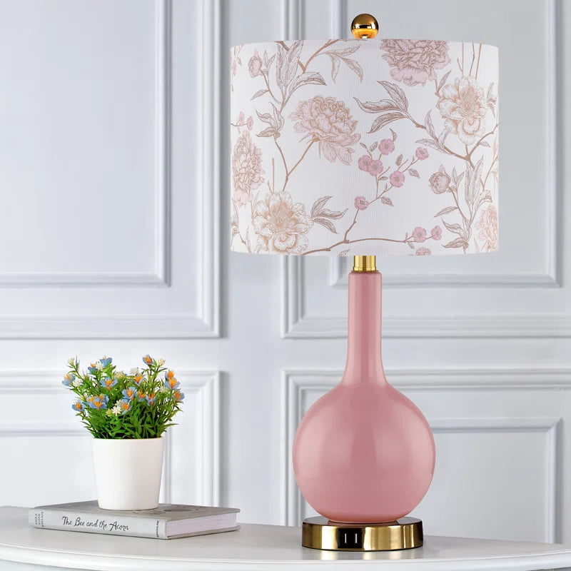 Gawronski 24 In. Pink Ceramic USB Table Lamp with Floral Lampshape and Free LED Bulb