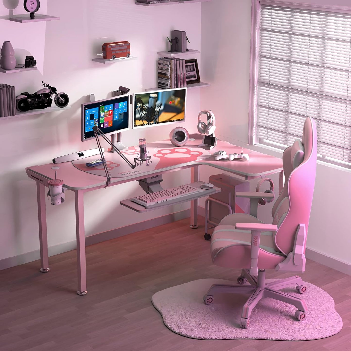 Gaming Desk Pink,60 Inch Pink L Shaped Gaming Desk, Gaming Table Pink with Free Mouse Pad for Girls Home Office Wood & Metal Space-Saving,Easy to Assemble,Computer Desk Pink