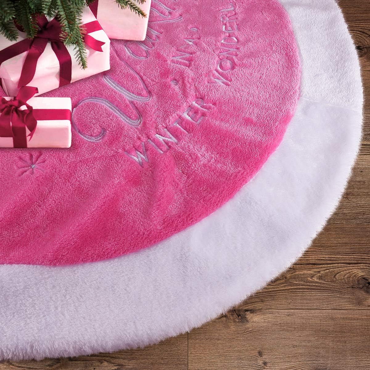 Pink Christmas Tree Skirt, 36" Candy Faux Fur Tree Rug with Embroidered Wonderland Blush Pink Ornaments for Slim Pencil Tree Pink Christmas Decorations