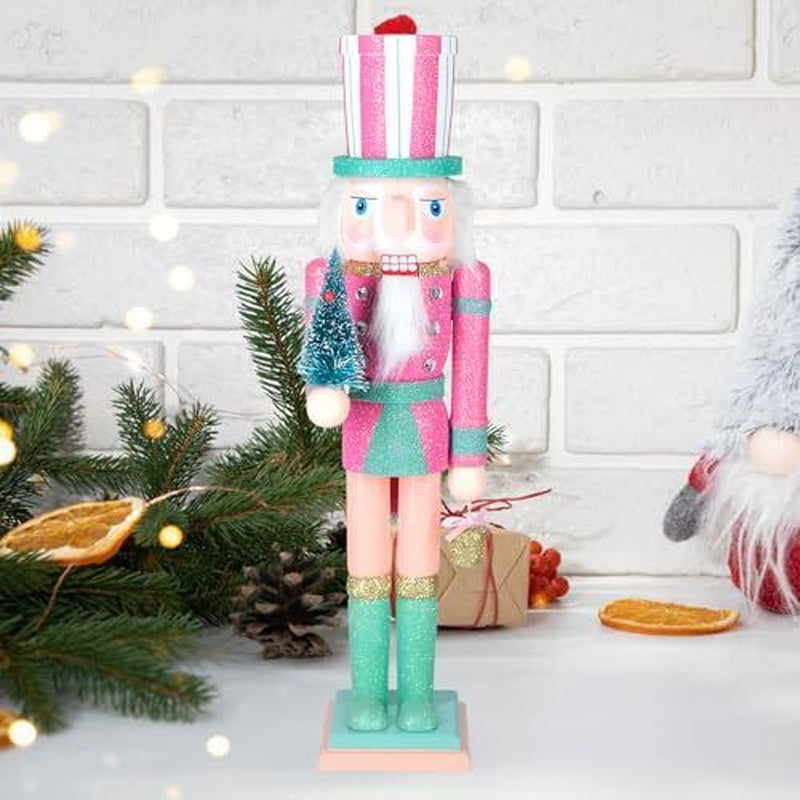 Christmas Nutcracker Decor,15" Wooden Nutcracker Pink Christmas Tree