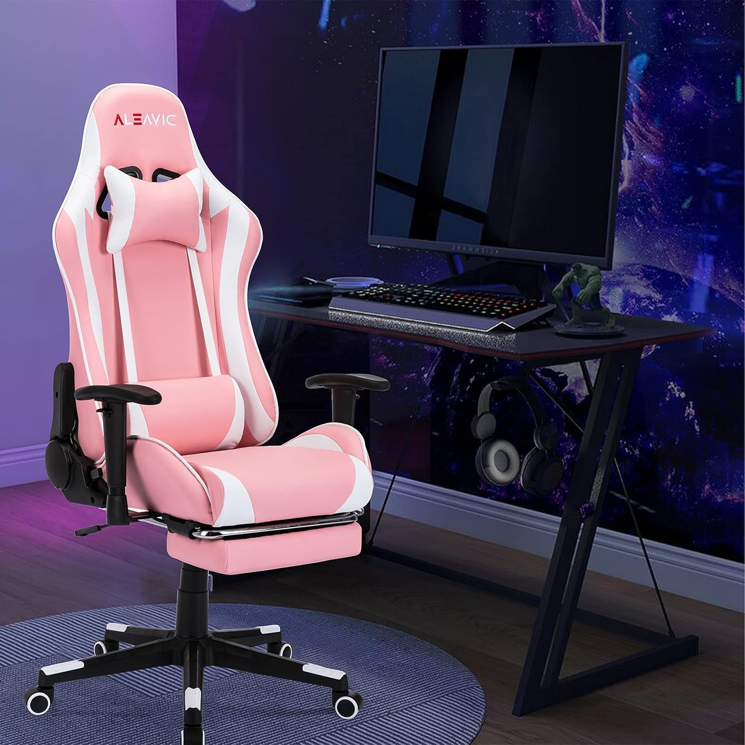 Pink Gaming Chair，Gaming Chair with Footrest，High Back Ergonomic Gaming Chair Adjustable，Racing Style PU Leather Gamer Chair，Massage Gaming Chair with Headrest and Lumbar Support