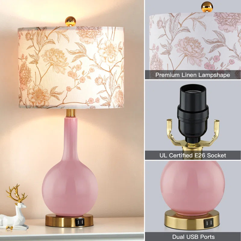 Gawronski 24 In. Pink Ceramic USB Table Lamp with Floral Lampshape and Free LED Bulb