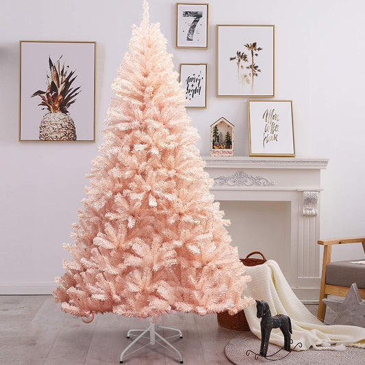 6Ft/7Ft Pink Artificial Christmas Tree, Unlit Hinged Spruce Full Tree with 617/937 Branch Tips and Metal Stand, Easy Assembly, 7FT Holiday Christmas Tree Indoor Outdoor