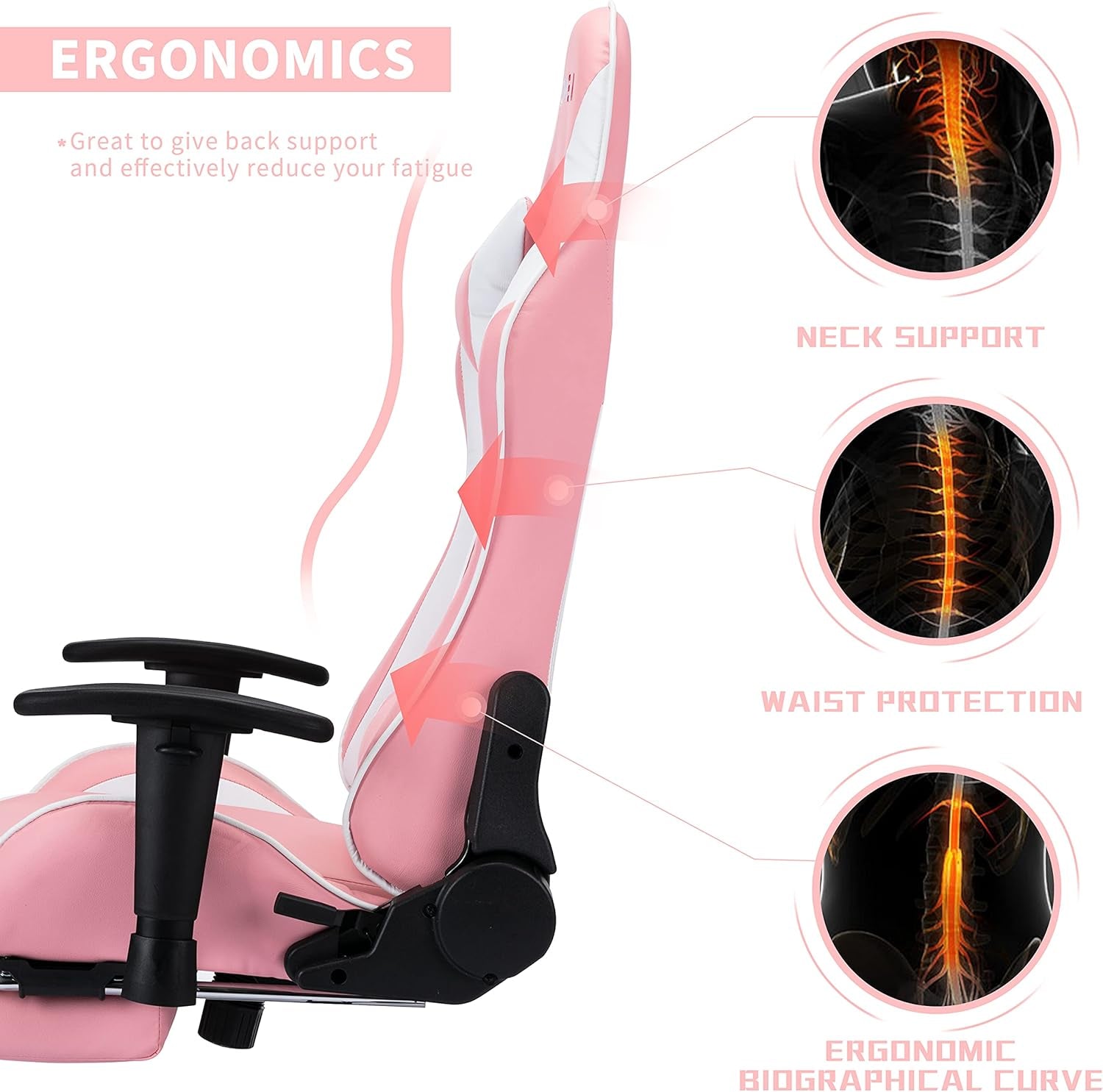 Pink Gaming Chair，Gaming Chair with Footrest，High Back Ergonomic Gaming Chair Adjustable，Racing Style PU Leather Gamer Chair，Massage Gaming Chair with Headrest and Lumbar Support