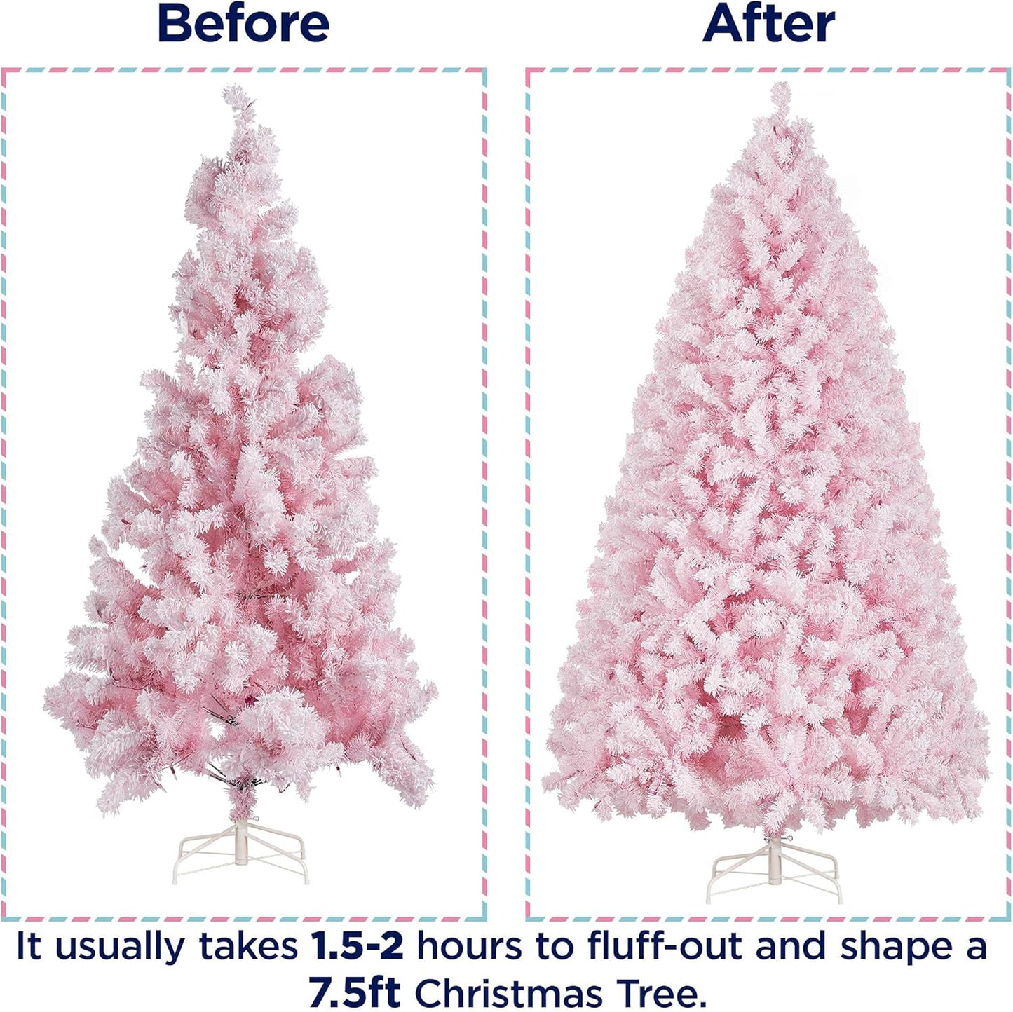 Artificial Christmas Pine Tree with Lights Snow Frosted Xmas Tree for Holiday Decoration with Iron Stand, 7.5Ft, Pink