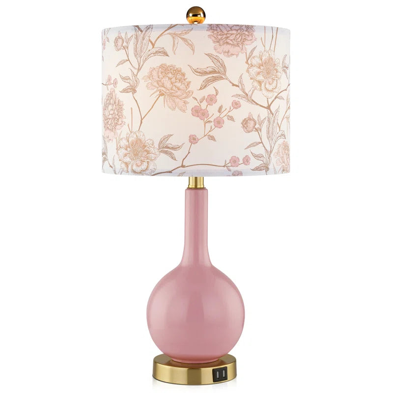 Gawronski 24 In. Pink Ceramic USB Table Lamp with Floral Lampshape and Free LED Bulb